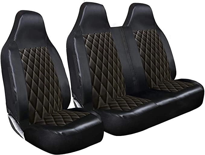 PremiumLuxuryVanSeatCoversSingleDriversAndDoublePassengersSeatCovers-2+1-BlackQuiltedDiamondLeatherSale