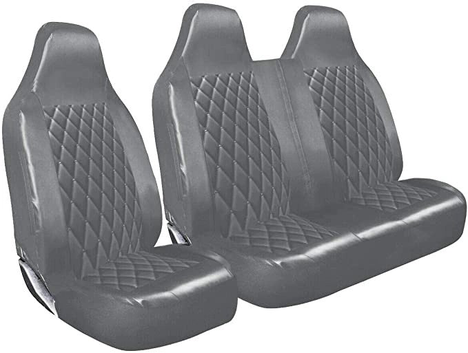 PremiumLuxuryVanSeatCoversSingleDriversAndDoublePassengersSeatCovers-2+1-GreyQuiltedDiamondLeatherSale