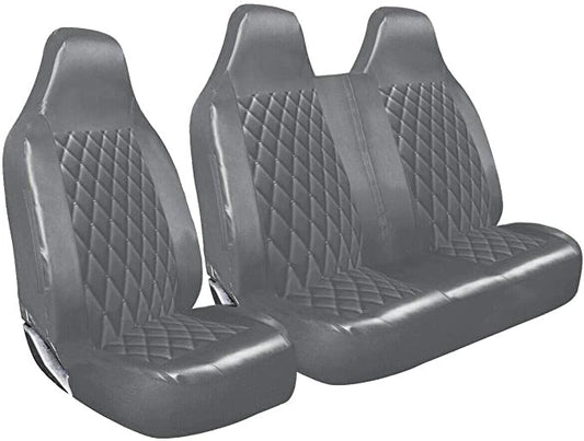 PremiumLuxuryVanSeatCoversSingleDriversAndDoublePassengersSeatCovers-2+1-GreyQuiltedDiamondLeatherSale