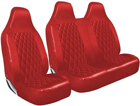PremiumLuxuryVanSeatCoversSingleDriversAndDoublePassengersSeatCovers-2+1-RedQuiltedDiamondLeatherSale